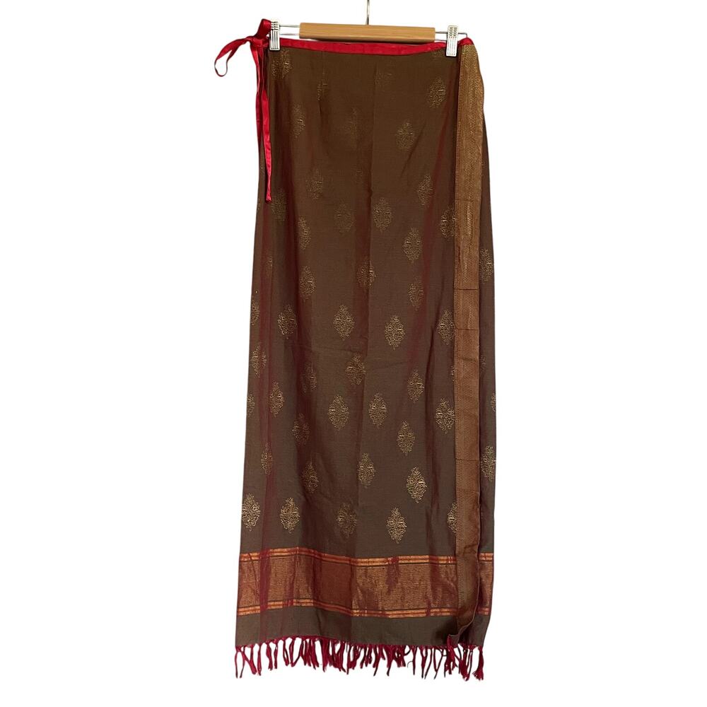 NWT Free People Earthy Gold Metallic Paisley Fringe Hem Cotton Wrap Skirt Medium - Picture 2 of 9